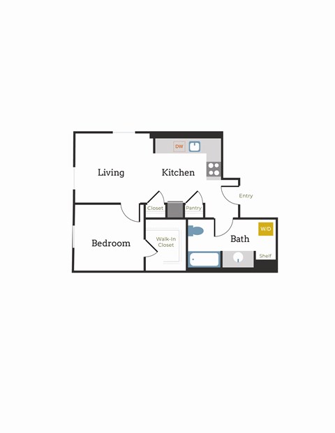 Floor plan for 1 bed, 1 bath, 569 sqft